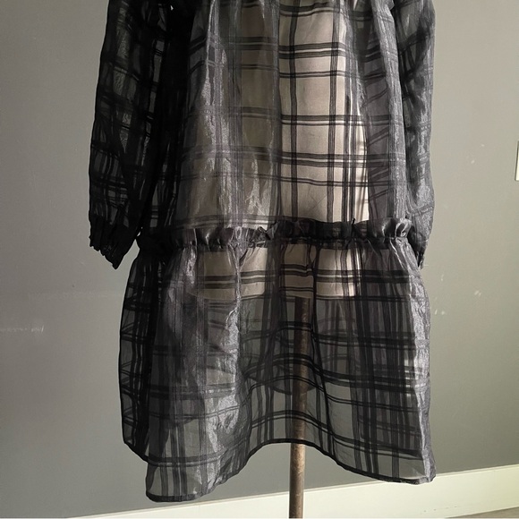 OBJECT Sheer Plaid Tiered Midi Dress Black Long Sleeve Art Deco Avant Garde - Picture 2 of 8